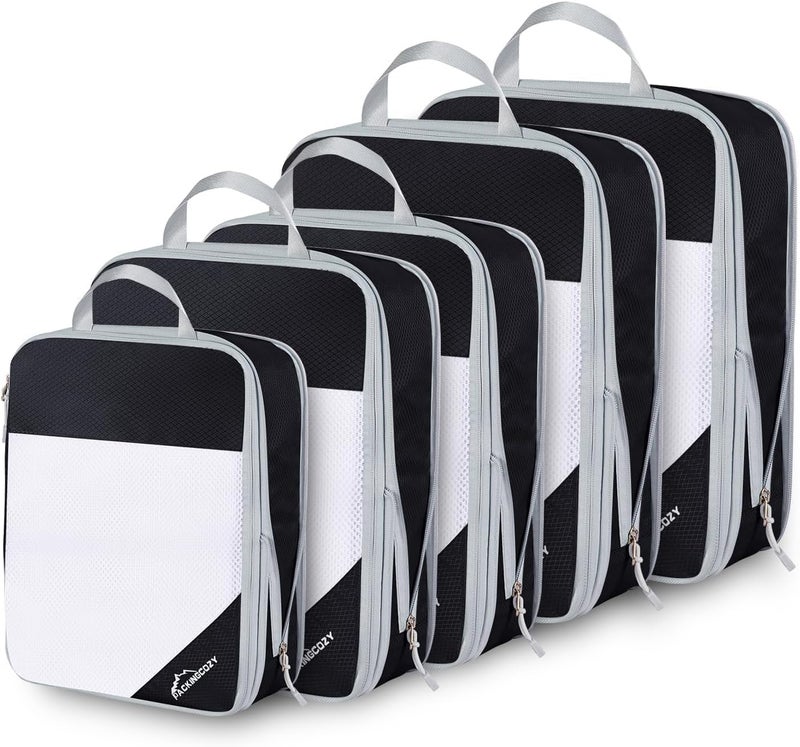 OPLEBEPE Compression Packing Cubes, 5 Set Packing Cubes for Travel Compression, Lightweight Compressible Package Organizer for Carry On and Suitcases, Black - Image 1